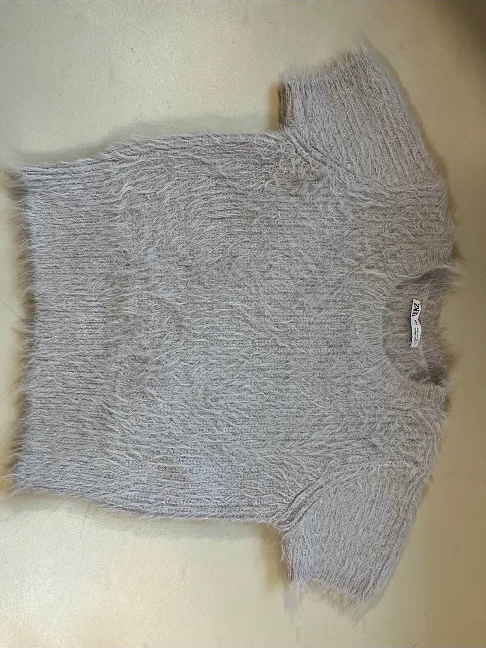 Zara Light Gray Fuzzy Short-Sleeve Crewneck Sweater
